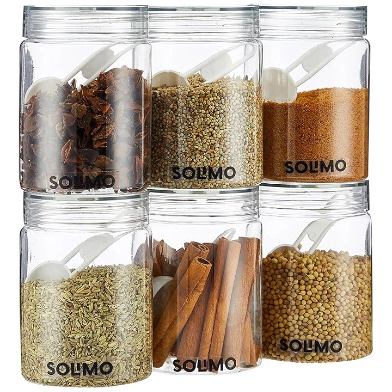 Solimo Plastic Storage Jar & Containers Set With Spoon Air Tight & BPA Free Kitchen Container Set Multipurpose Jar 500 ML Set 6 (Transparent) Solimo Plastic Storage Jar & Containers Set With Spoon Air Tight & BPA Free Kitchen Container Set Multipurpose Jar 500 ML Set 6 (Transparent)
